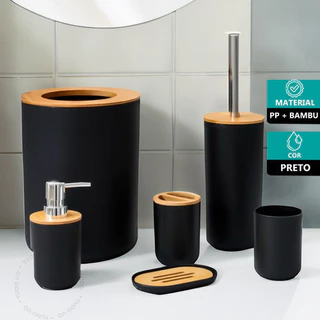 Kit De Banheiro Lixeira Saboneteira Moderno C/ Bambu 6 Peças