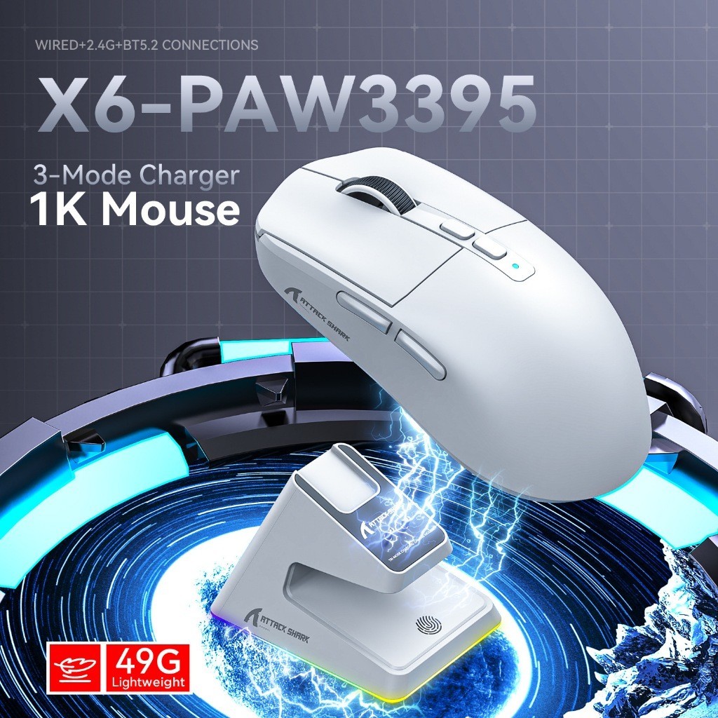 Ataque Shark X6 Bluetooth Mouse , PixArt PAW3395 , Conexão Tri-Mode , Base De Carregamento Magnético De Toque RGB , Rato De Jogo Macro