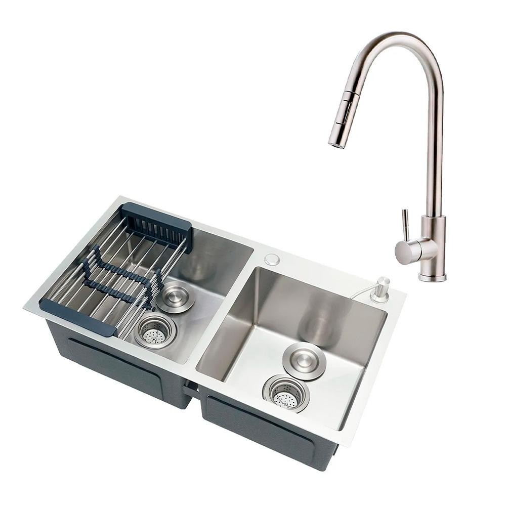 Cuba para Cozinha Awá e Torneira Misturador Monocomando em Aço Inox Iriri Pingoo - Prata