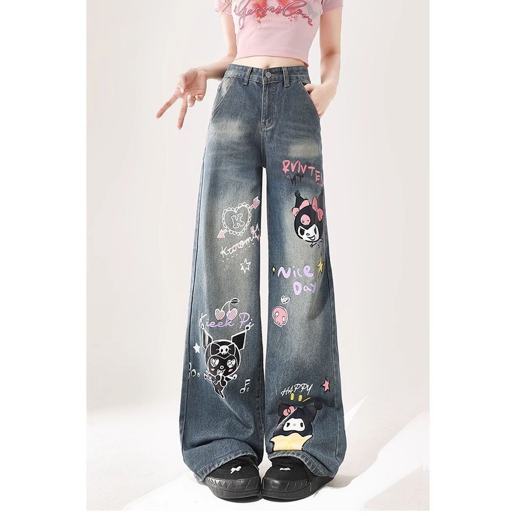 Calça Jeans Kuromi Tuya Mulher Cintura Alta Impressão Reta