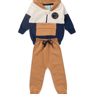 Conjunto Bebê Moletom Menino Com Capuz - Tricolor - Off White Marrom e Azul Marinho