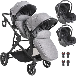 Carrinho Moises Gemeos Kiddo com 2 Bebe Conforto Pair Cinza
