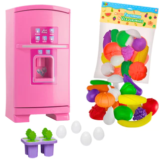Geladeira Infantil Com Acessórios De Brinquedo Prateleiras Ovos Kit Frutinhas E Verdurinhas Forma De Picolé Dispenser de Água Lúdico Rosa Menino Brinquedos Cardoso E GGB