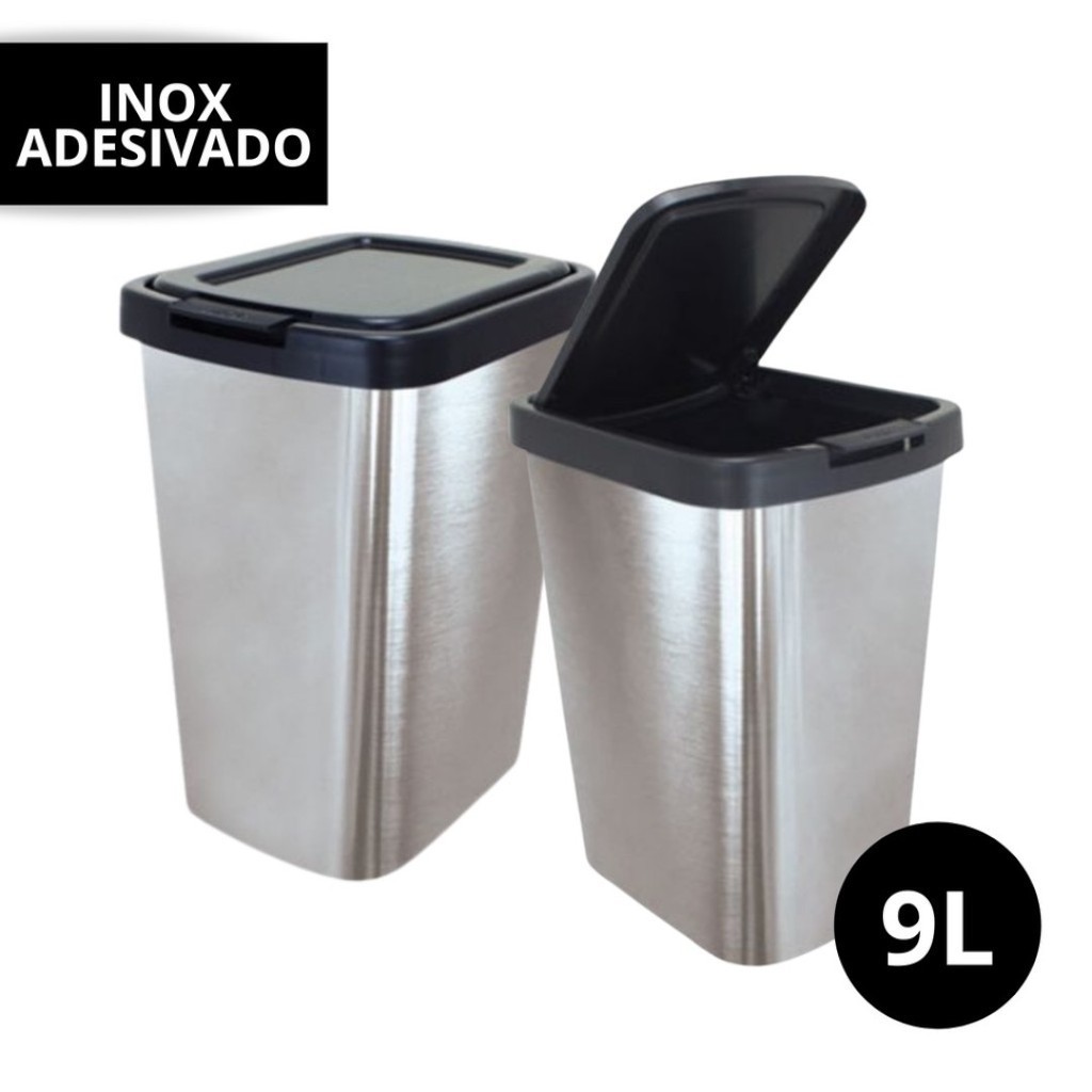 Lixeira Cesto Tipo Inox Com Tampa Click 9 Litros Label Retangular Plástico Automatica Prata Banheiro Pia Cozinha Quarto Escritório Lixo 9l Metalizado Plástica Promoção