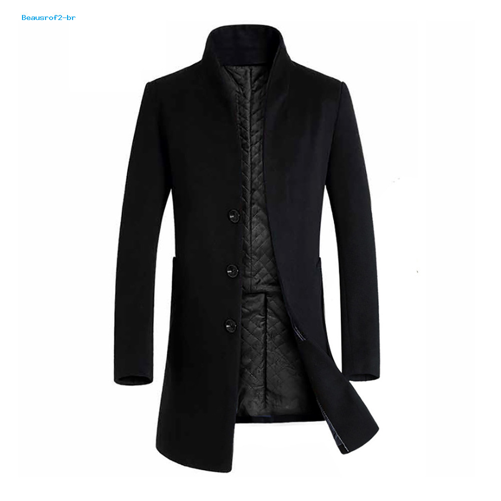 Bea Men Winter Warm Solid Color Woolen Trench Coat Outwear Casaco De Lã Sólido Quente Longo