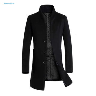 Bea Men Winter Warm Solid Color Woolen Trench Coat Outwear Casaco De Lã Sólido Quente Longo
