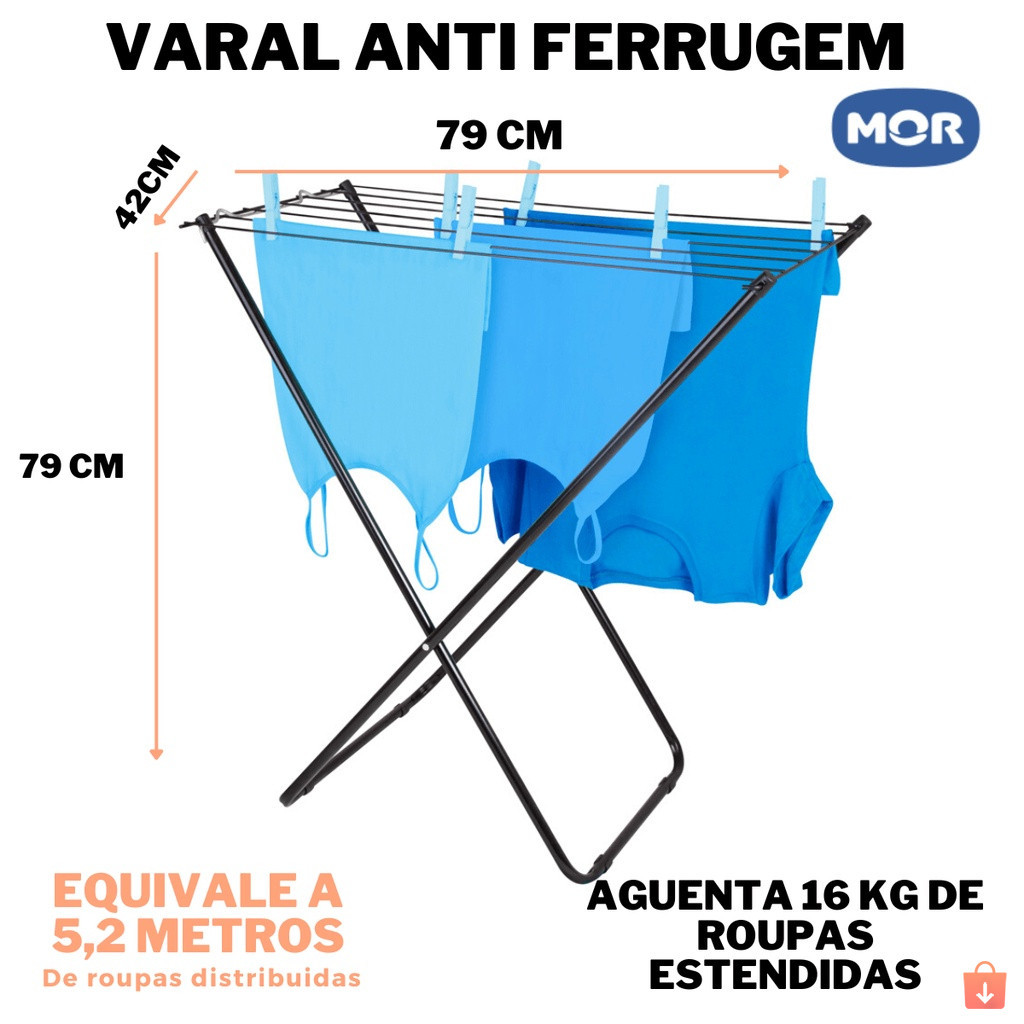 Varal De Chão MOR PRETO Em Aço Sem Abas Retrátil Slim Reforçado