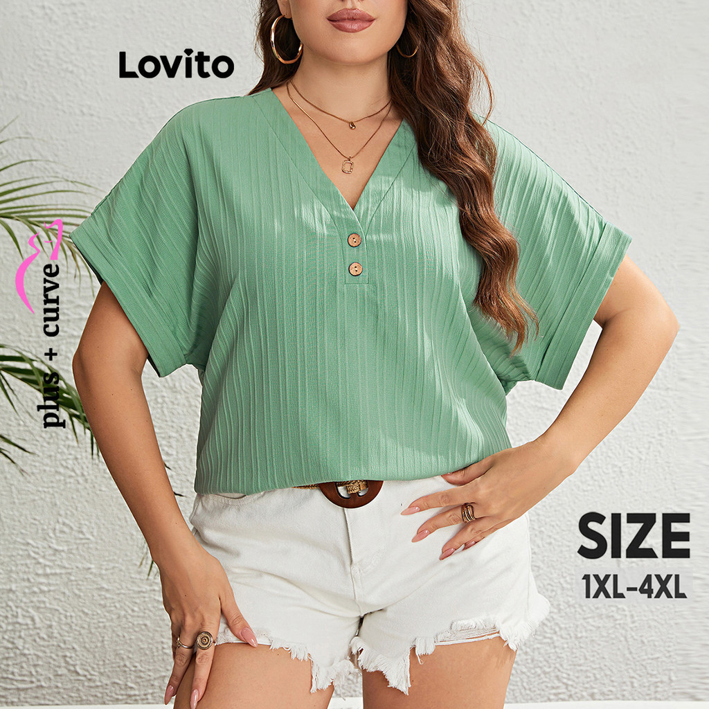 Lovito Blusa Feminina Plus Size Curva Casual Lisa Com Botão Duplo