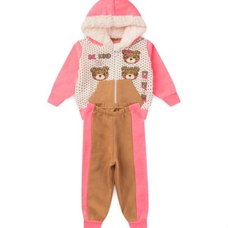 Conjunto Bebê Moletom Menina Com Capuz - Urso - Rosa e Marrom