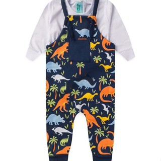 Conjunto Jardineira Bebê Moletom Menino - Dinos - Azul Marinho