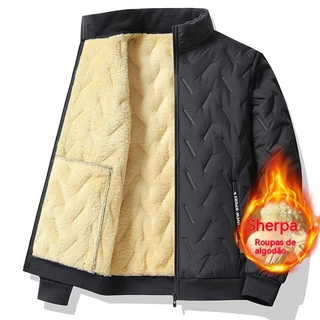 Zipper Pocket L-7XL Winter Stand-Up Collar Fleece Lining Jacket Homem Casaco Ultra-sônico de Velo de Cordeiro Casaco Térmico de Algodão Acolchoado