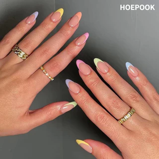 24pcs Francês Rainbow Fake Nails Simples Amêndoa Unhas Falsas Arte Impermeável Removível Imprensa Artificial no Prego com Acessórios
