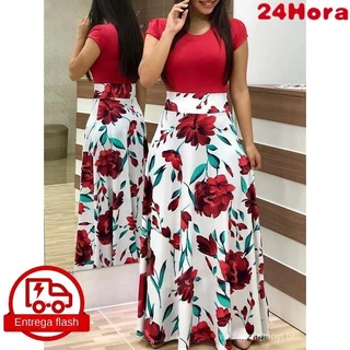 Vestido evangelico feminino manga curta estampado longo vestido soltinho