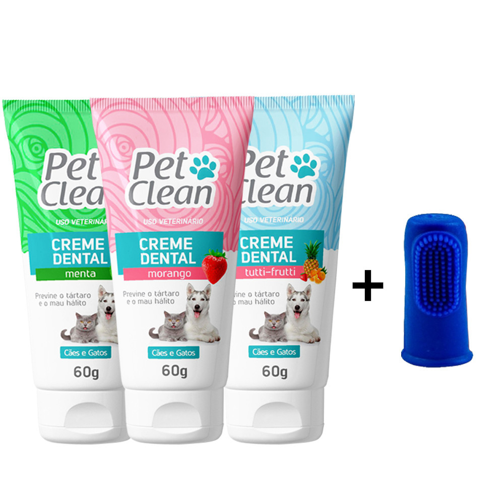 Kit Creme Dental + Escova Dedeira para Cães Gato Pet Clean