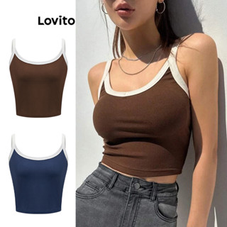 Lovito Casual Blusa Feminina Lisa com Costura Contrastante L70AD028 (Café/Azul Marinho)