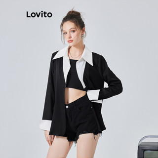 Lovito Blazer Frontal Com Botão De Bolso 2 Em 1 Falso Casual Patchwork Para Mulheres LNA35030 (Preto)