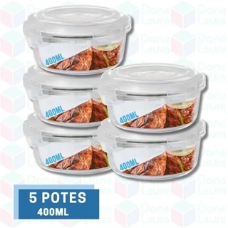 Conjunto 5 Potes 400ml Vidro Hermético Mantimentos Marmita