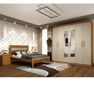Quarto Casal com Roupeiro 6 Portas Olimpo, Cama e Mesa de Cabeceira 