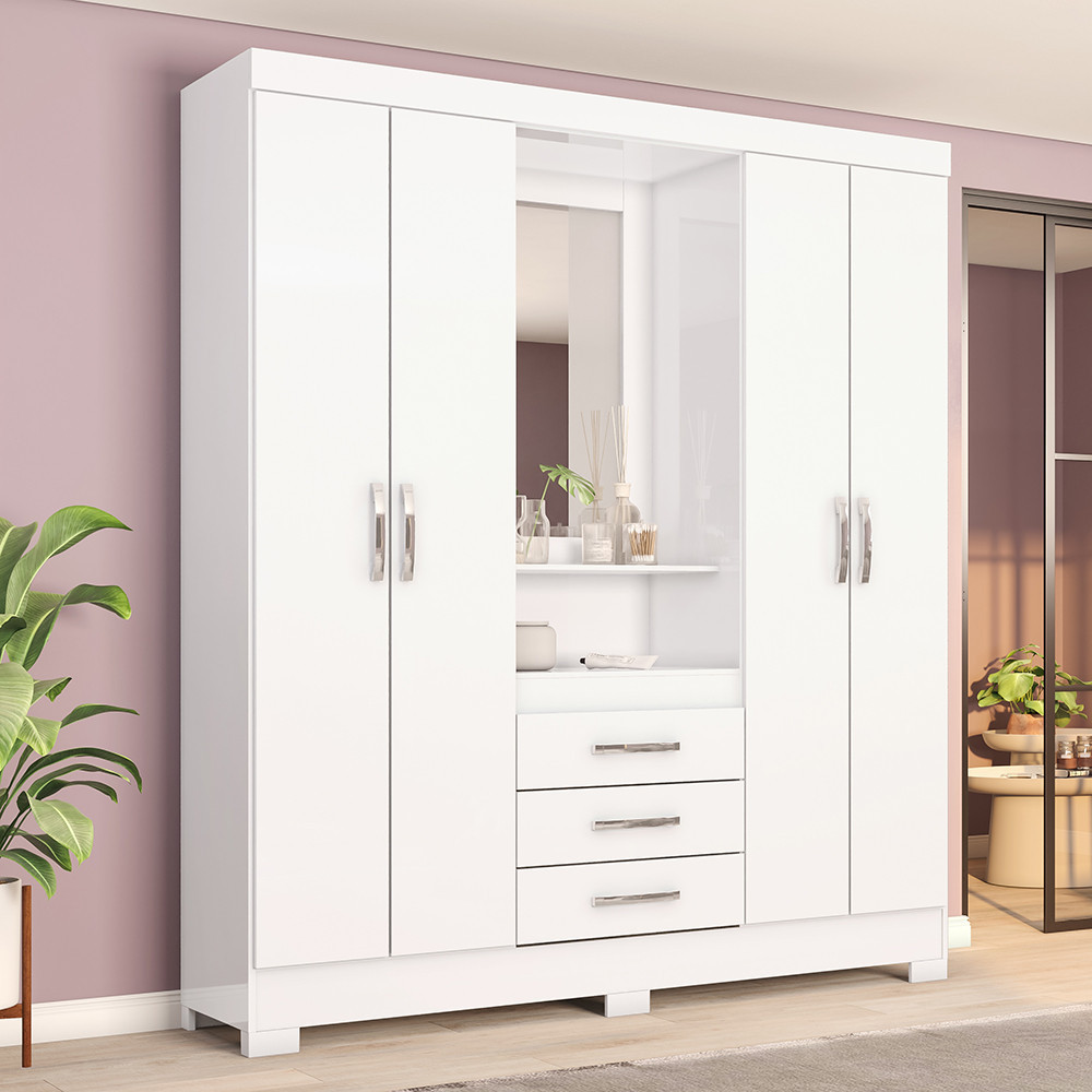 Guarda Roupa Casal 4 Portas Com Espelho 3 Gavetas Ryan Casa 812