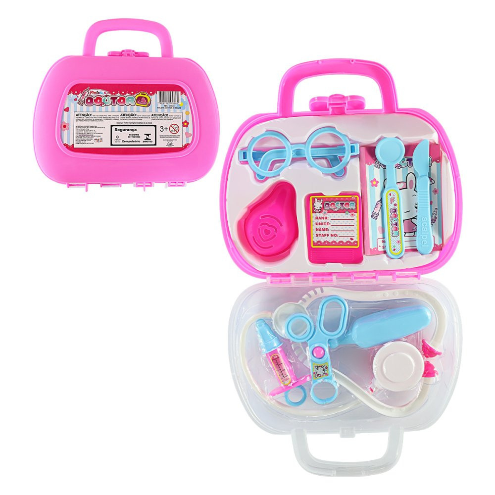 Brinquedo - Maleta Rosa de Médico com Acessórios 11 Peças