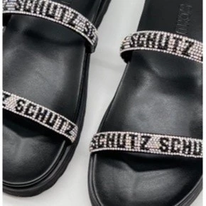 Sandália Papete Schutz Rasteirinha Brilho Feminina Chinelo Strass Confortável