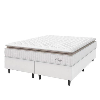 Cama Box Colchão Casal Queen Molas Ensacadas City Pillow Top 158x198x61cm Linho Branco / Bege Hellen - Suporta até 110kg por Pessoa
