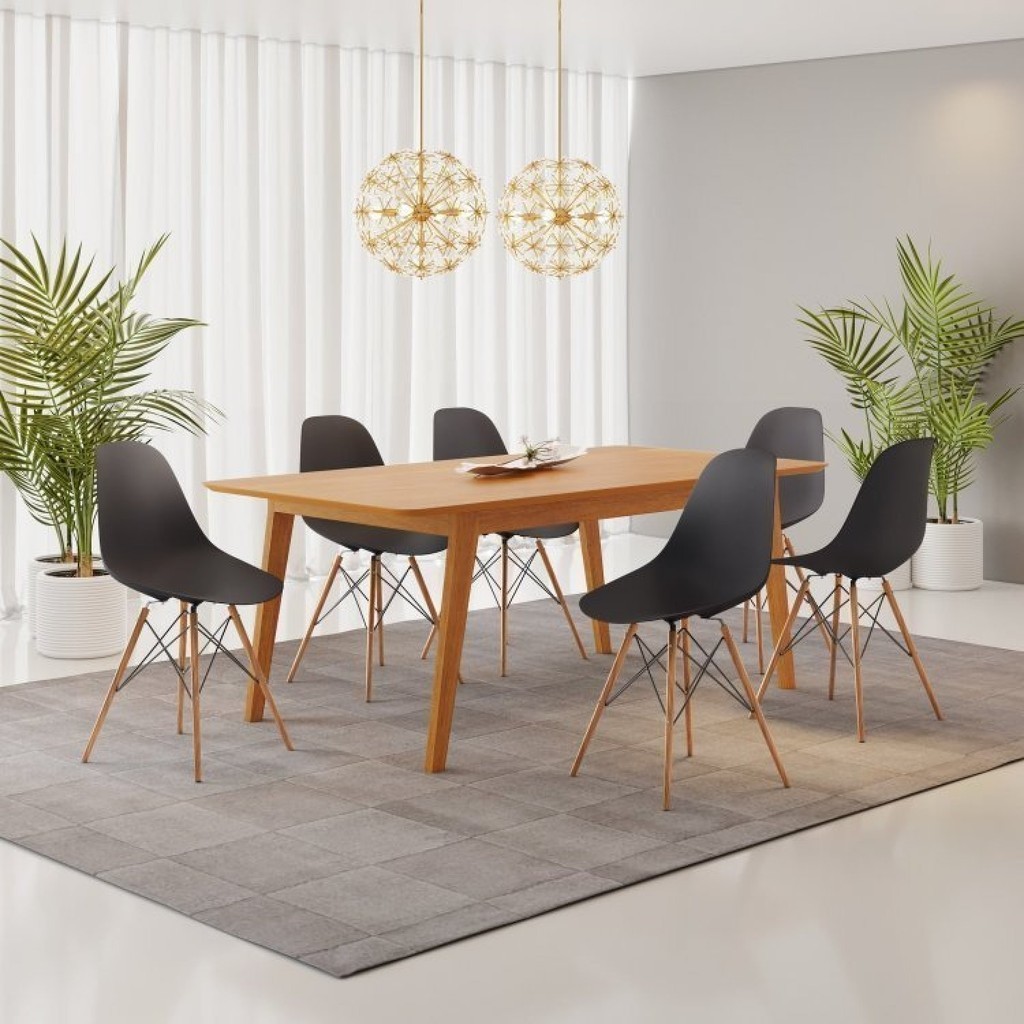 Conjunto Mesa de Jantar Madeira Maciça Retangular com 6 Cadeiras Eames