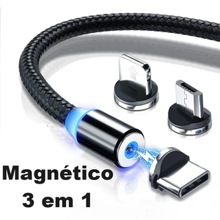 Cabo USB Carregador Magnético 3 EM 1 Para Todos Modelos de Celular Entrada V8 Tipo C iOS