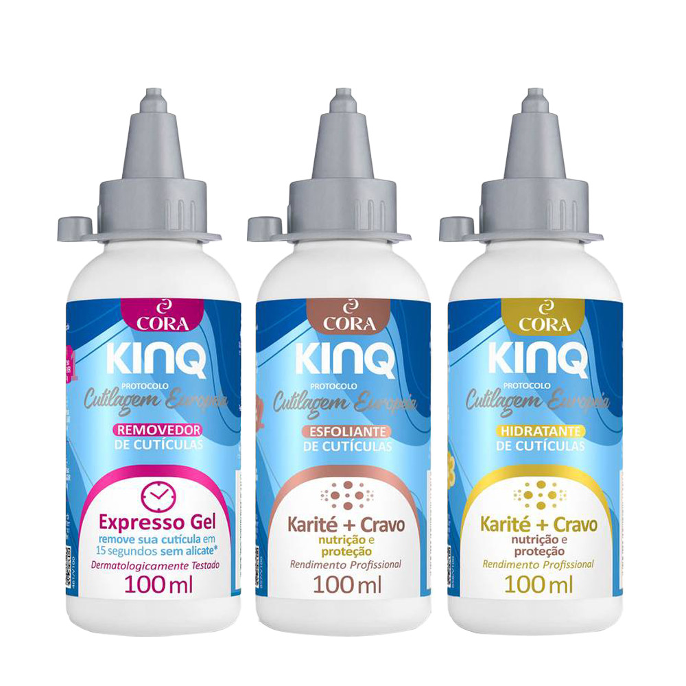 Kit Completo para Cutículas Kinq Removedor + Esfoliante + Hidratante 100ml Cora