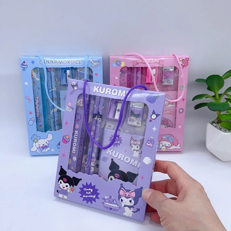 Sanrio Kuromi 6 Em 1 Lápis + Erasers + Pencil Sharpeners + Rulers + Notebooks Conjunto De Papelaria Para Crianças Do Jardim De Infância Caixa De Presente De Aniversário