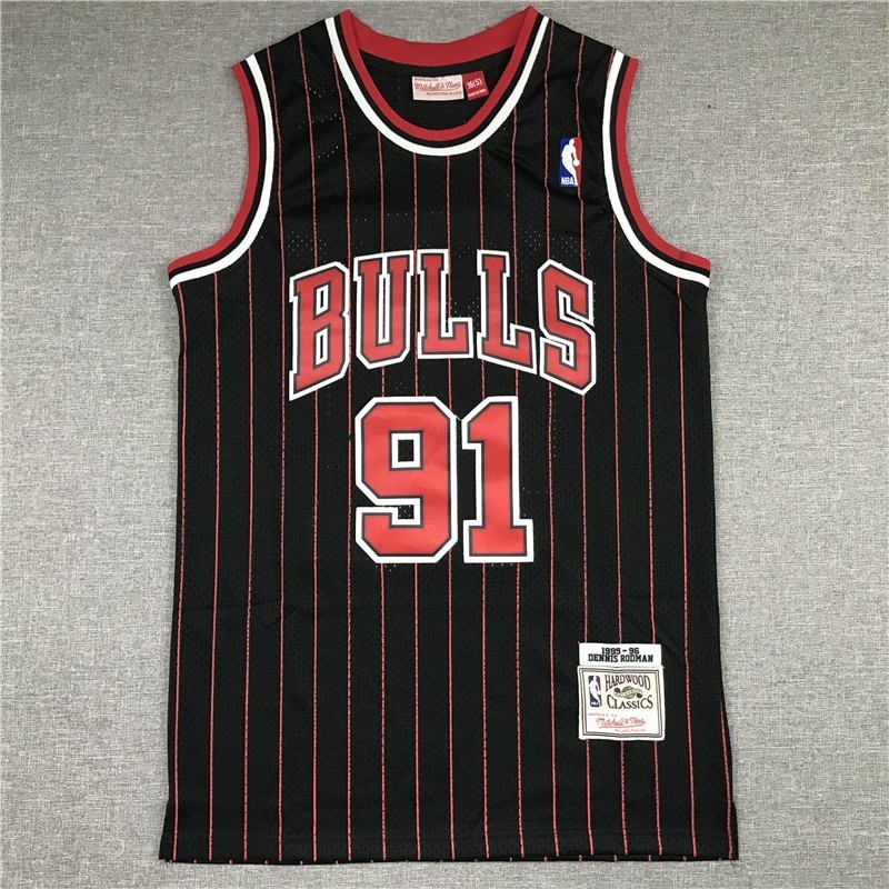 Camisa Nba Chicago Bulls No . 91 Rodman Jersey Sports 95-96 Malha Impressão Listra Preta