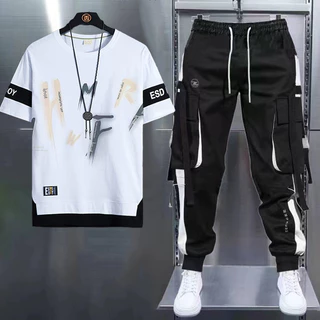 Calças De Carga Masculina Casual Joggers +'Conjunto De Homens Com Camiseta Manga Curta E Estilo Hip Hop