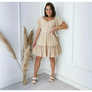 Vestido Tecido Duna Manga Flare Moda Feminina Forrado com Bojo e Botão Forrado..mid Tendência Verão