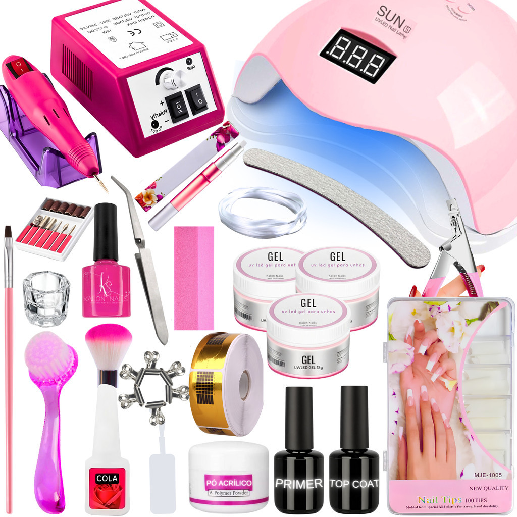 Kit Unhas em Gel Completo Profissional com Lixadeira Elétrica Cabine De ...