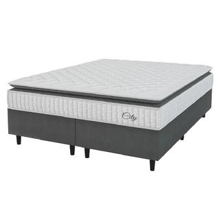 Cama Box Colchão Casal King Molas Ensacadas City Pillow Top 193x203x61cm Cinza / Branco Hellen - Suporta até 110kg por Pessoa