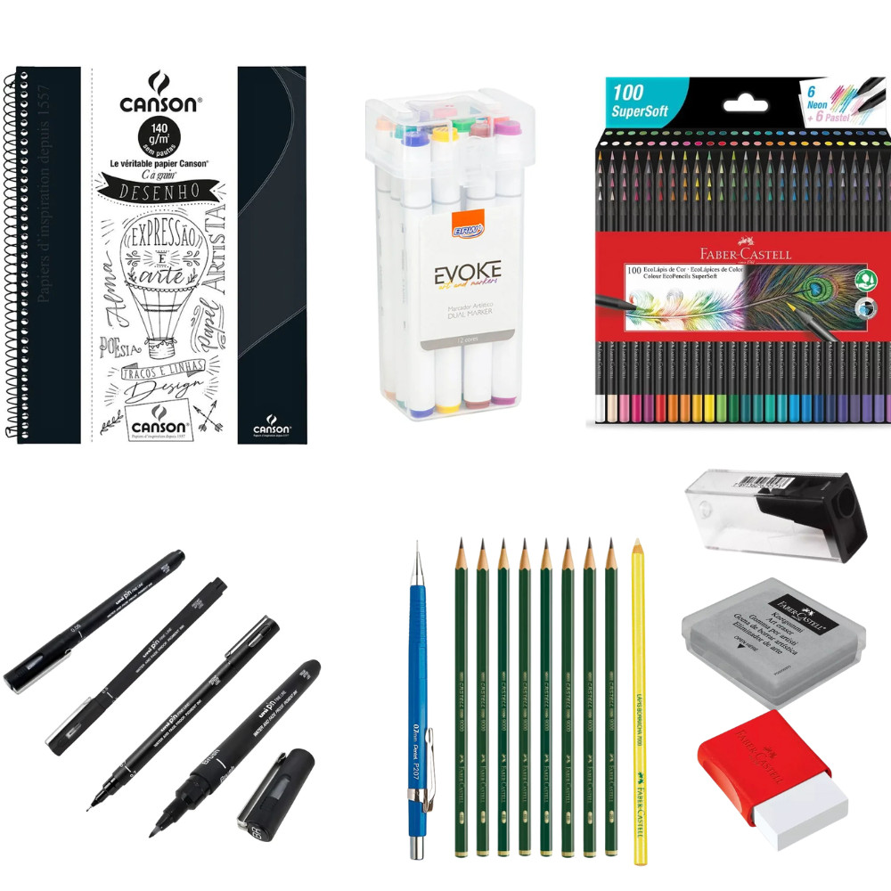 Kit Desenho Profissional com Sketchbook Canetas Marcador Lápis ...