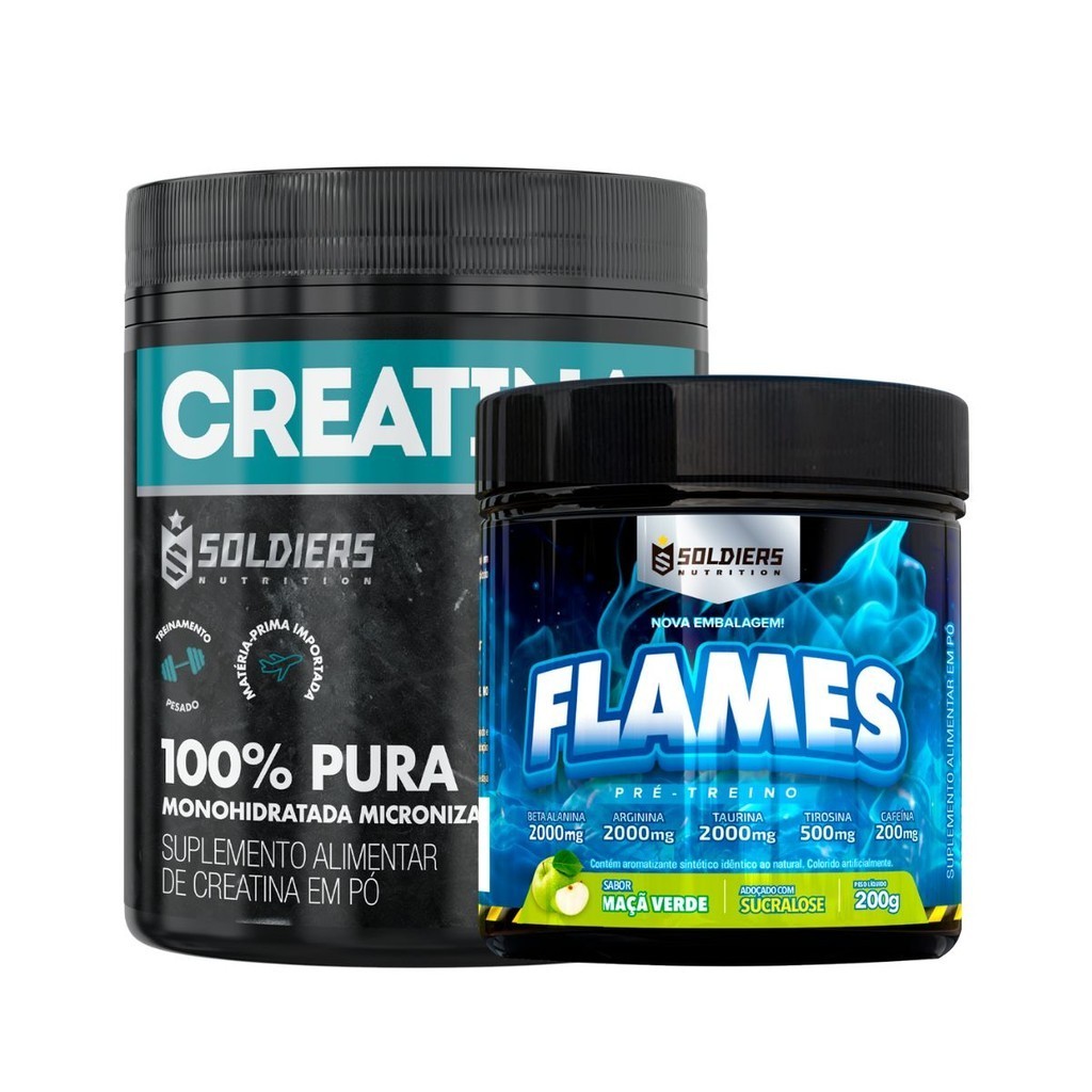 Kit: Creatina Monohidratada Pote 300g 100% Pura + Pré-Treino Flames 200g - Soldiers Nutrition