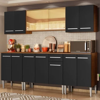 Cozinha Completa Madesa Emilly Fire com Balcão e Armário Aéreo Reflex - Rustic/Preto em Oferta na Shopee