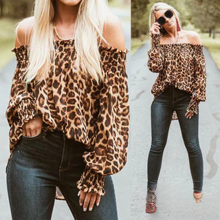 Perna Dos Homens Moda Feminina Senhora Estampa De Leopardo Camisa Casual Fora Do Ombro Blusa Longa