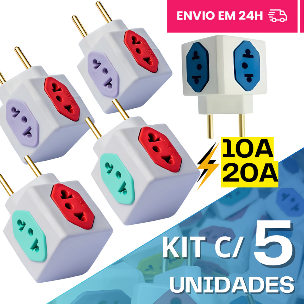 Adaptador de Tomada Kit C/5 Benjamin CUBO 10A/20A Pino Maciço Resistente 4 Tomadas Colorida