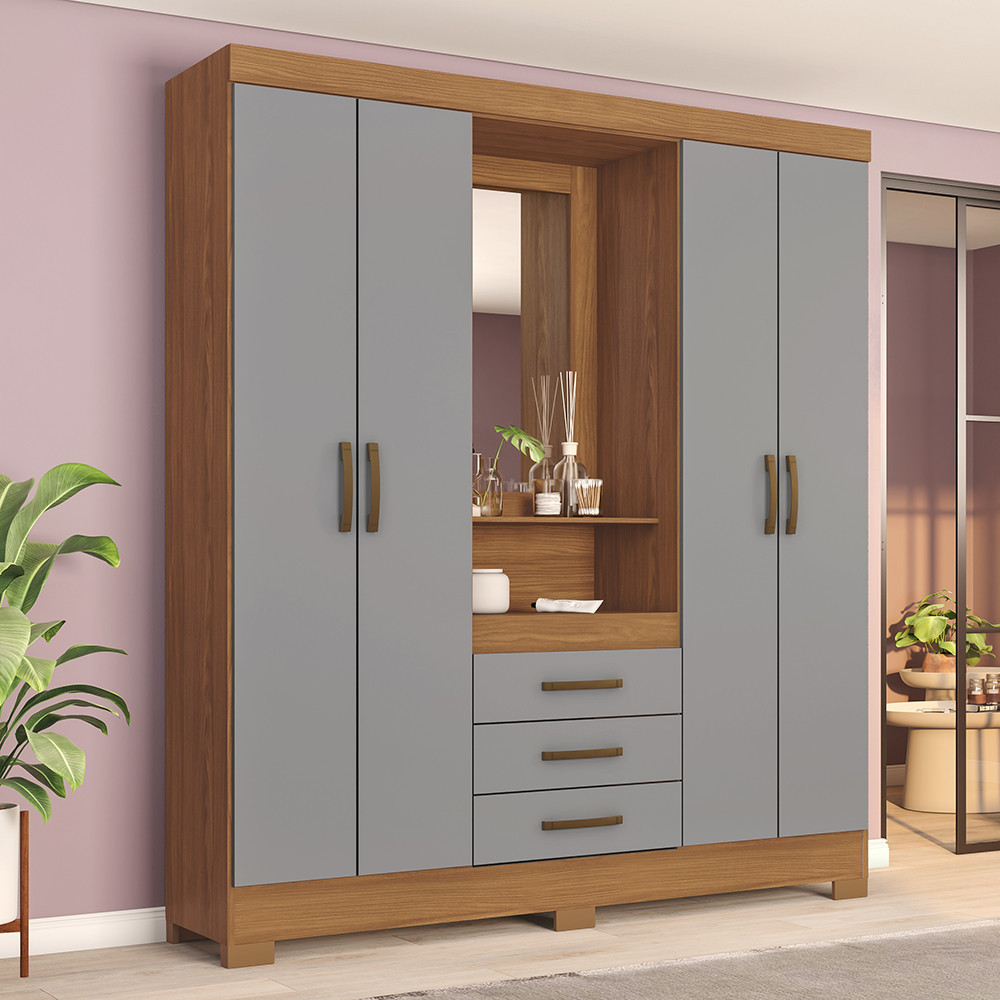 Guarda Roupa Casal 4 Portas Com Espelho 3 Gavetas Ryan Casa 812