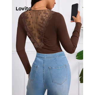 Lovito Camiseta casual feminina com costura em tecido de renda lisa e costas nuas LBL12002