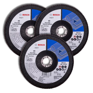 Discos Flap 180mm Bosch Grão 40 em Óxido de Alumínio X421 Kit com 3 Curvo 7"