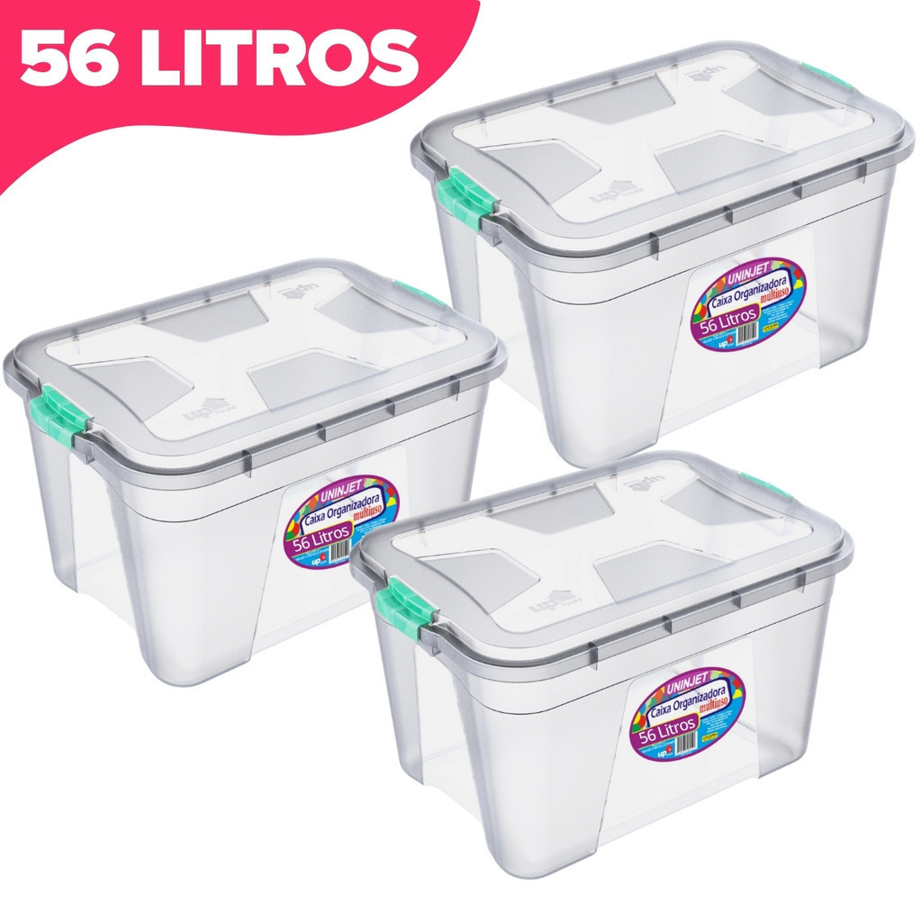 Kit Com 3 Caixas Organizadoras Transparente 56 Litros