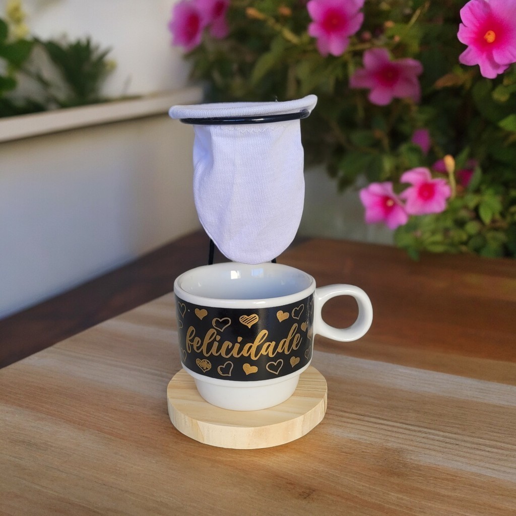Mini coador de café individual com xícara de porcelana FELICIDADE ...