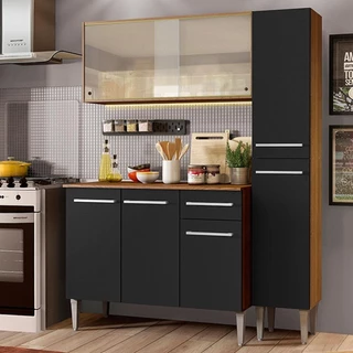 Armário de Cozinha Compacta 137cm Rustic/Preto Emilly Force Madesa 02 em Oferta na Shopee