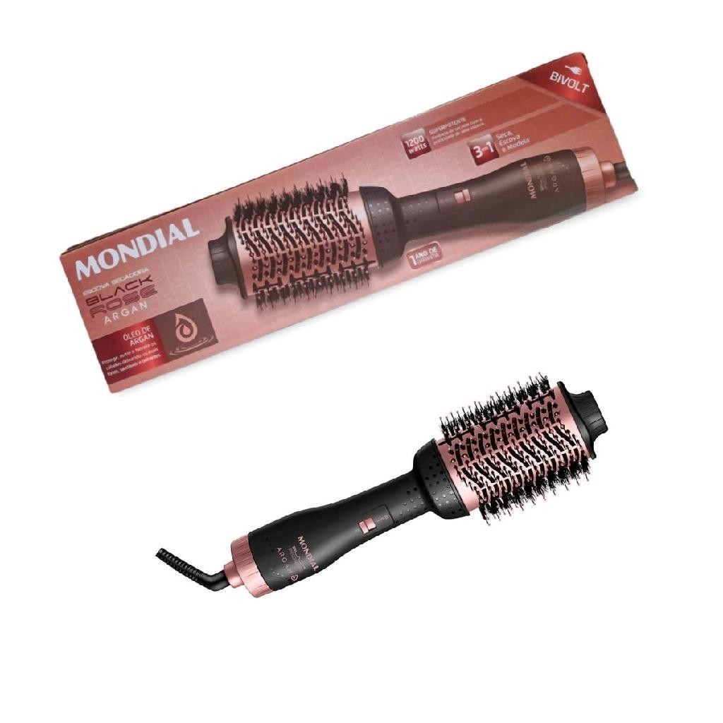 Escova Secadora Mondial ES-14 revestida Óleo de Argan 3 em 1 Original 1200w Black Rose Bivolt em Oferta na Shopee