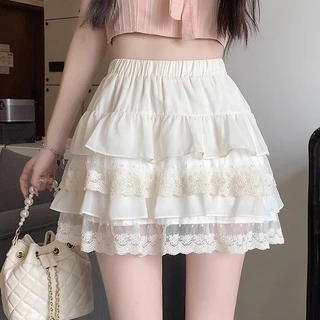 Saia De Renda Branca Pregueada Feminina Kawaii Vestuário Japonês Mini Saias De Bolo Mesmo De Festa 2024 Estilo Praia De Verão
