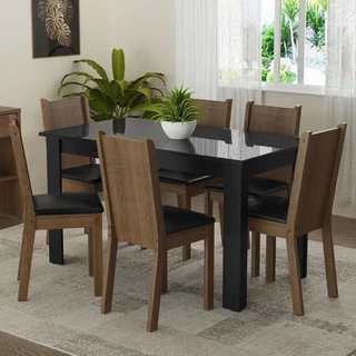 Conjunto Sala de Jantar Mesa Tampo de Vidro 6 Cadeiras Preto/Rustic Isla Madesa em Oferta na Shopee