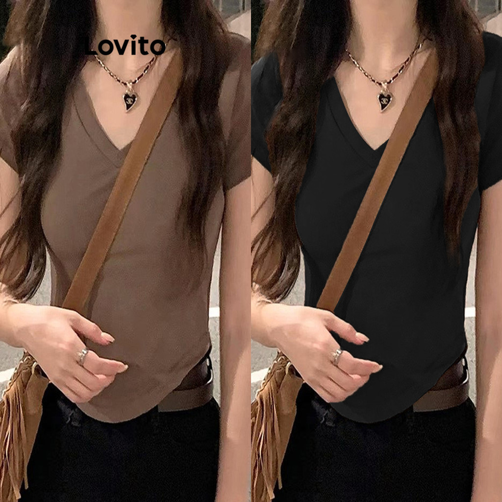 Camisetas Básicas Lisas Lovito Casual para Mulheres LNA17088 (Marrom)